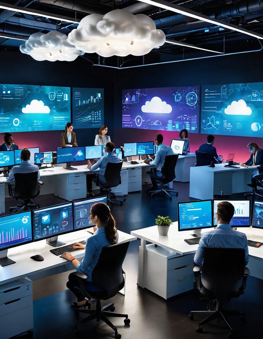A dynamic office scene depicting diverse employees working on cloud-based desktops, showcasing a vibrant mix of technology and teamwork. Include elements like floating digital screens, graphs illustrating productivity growth, and a flexible workspace with people collaborating remotely. The atmosphere should feel energetic and innovative, reflecting empowerment and modernity. super-realistic. vibrant colors. high-tech background.
